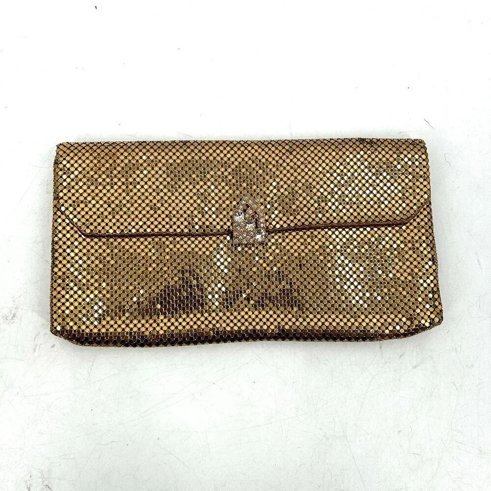 WHITING & DAVIS Vintage 1960's Gold Metal Mesh Envelope Long Wallet Clutch Purse